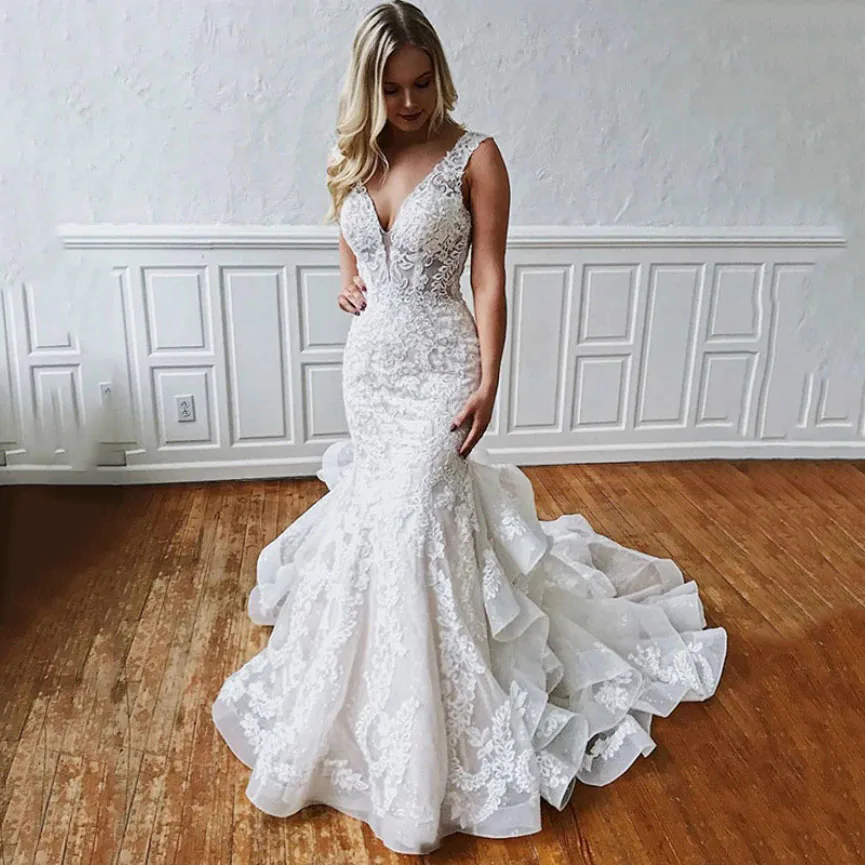 

Женское свадебное платье с открытой спиной и оборками, кружевное платье из фатина с V-образным вырезом, 2020