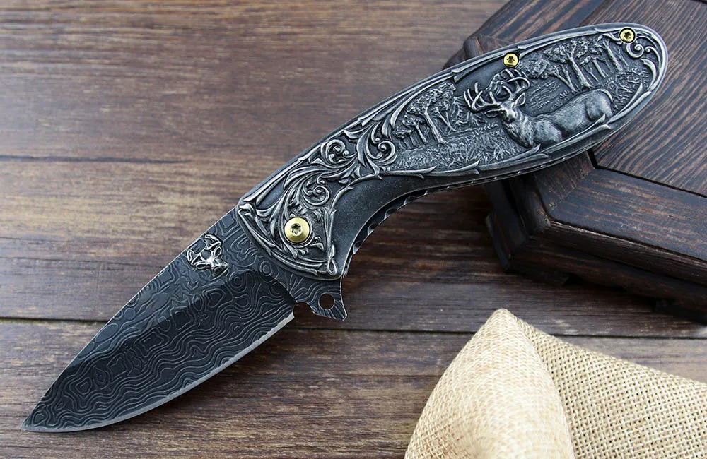Tactical Folding Blade Utility Knife - Stonewash 3d Deer Engraved Collection |