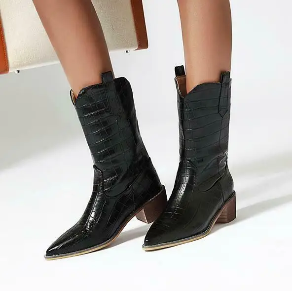 

Women Mid Calf Cowboy Boots Thick 5cm Heel Pointy Toe Pull On Casual Punk Pumps