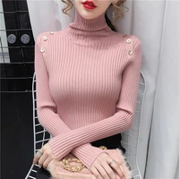 womens knited sweaters turtlenck solid basic slim winter new pullover femme long sleeve button casual ribbed knitwear female
