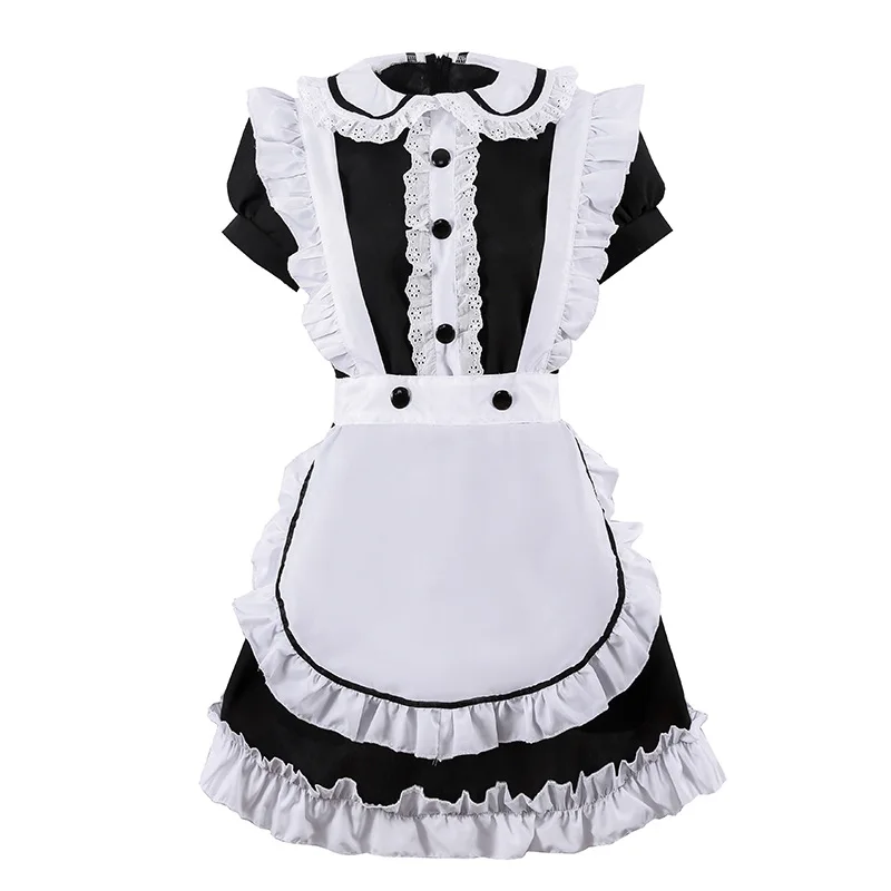 

2021 New Black French Maid Costume Dress Apron Lace Trim Short Bubble sleeves Waitress Maid Party Stage Costumes