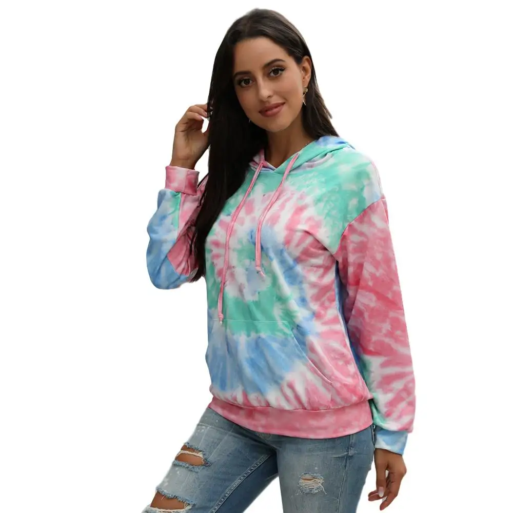 

2020 hot style European and American women's hot sale autumn and winter new positioning flower tie-dye hooded sweater