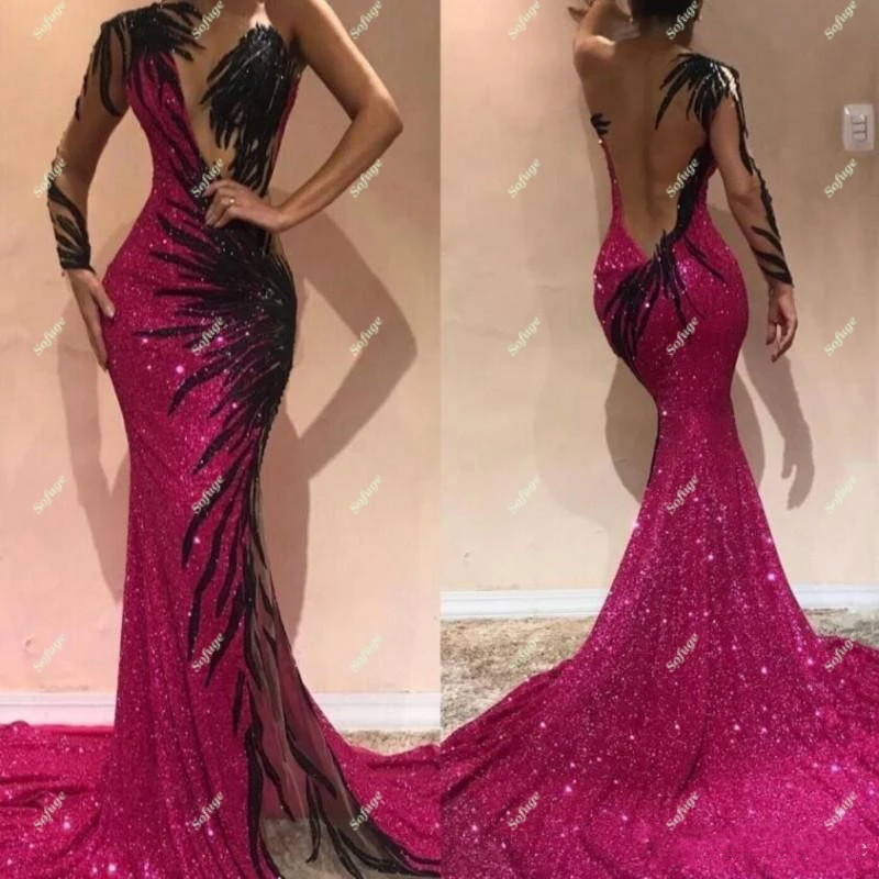 

Bling Fuchsia Evening Dresses One Shoulder Appliques Sequins Mermaid Gowns Sexy Long Robe De Soiree Celebrity Prom Party