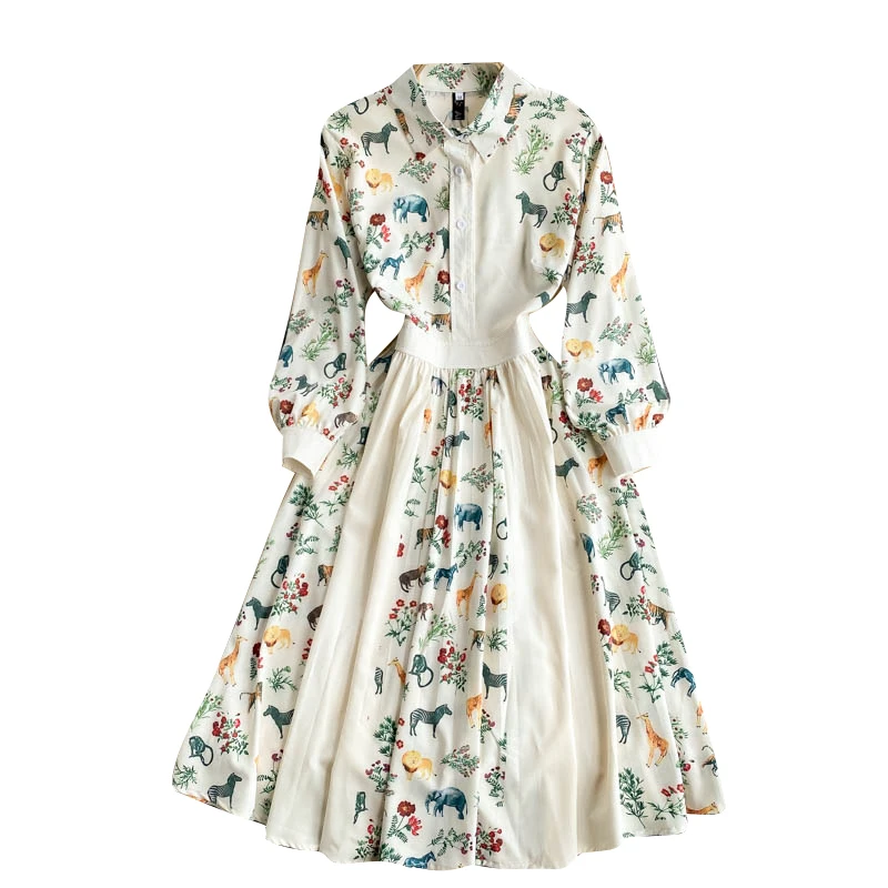 

wind dress sense of senior women's clothing design feeling small printing long sleeve shirt dress autumn female zoo