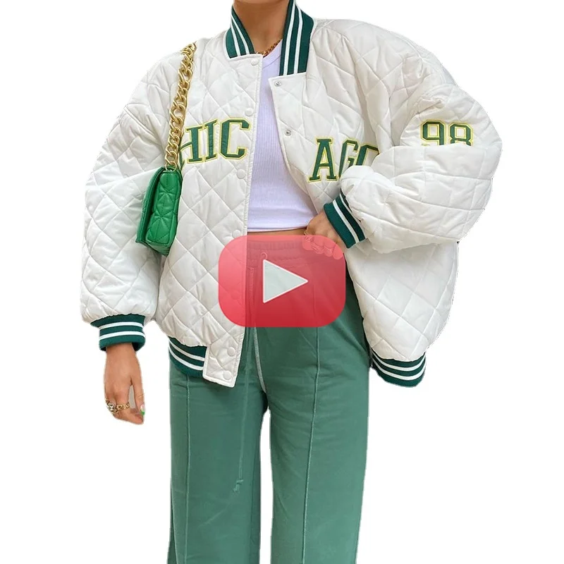 

Y2k зеленая модная бейсбольная куртка-бомбер с принтом 2021 осенне-зимняя куртка большого размера в стиле пэчворк Женская Повседневная белая к...