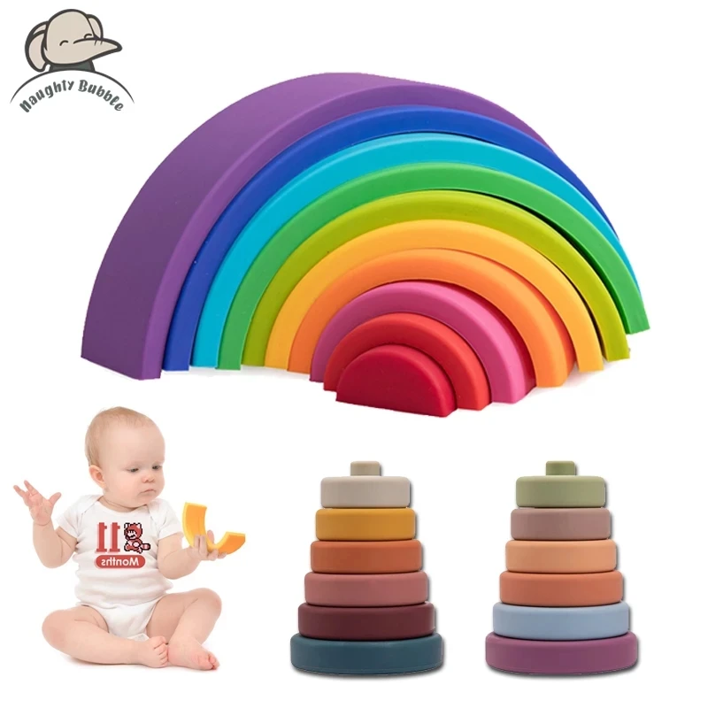 Silicone Rainbow Blocks For Children Rainbow Stacker Stacking Blocks Toy Baby Constructor Montessori Games Educational Toys Gift