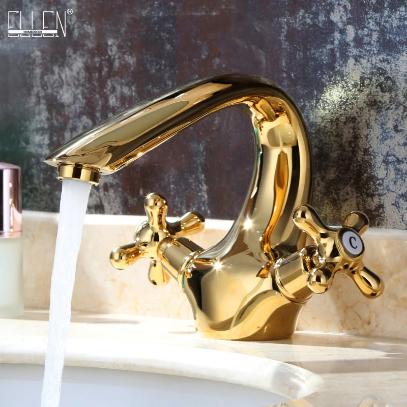 Luxury crystal brass gold bathroom basin sink faucet deck mounted dual handle hot and cold water mix tap Golden faucets EL7426