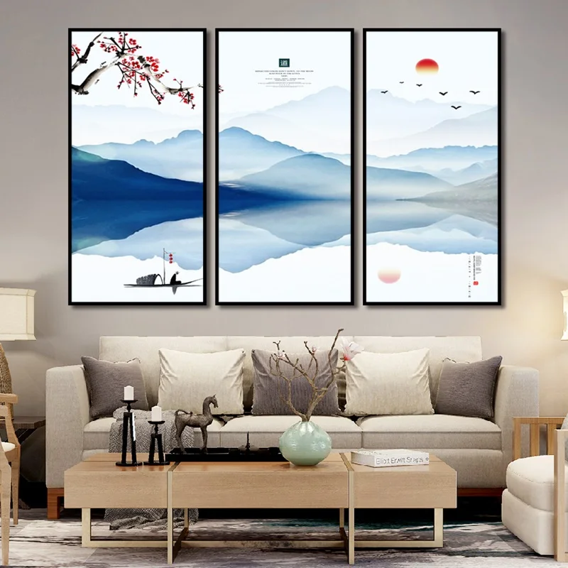 

New Chinese Style Canvas Painting Art Poster Modern Landscape Painting and Printmaking Room Decor Mural Three Pcs/set Frameless