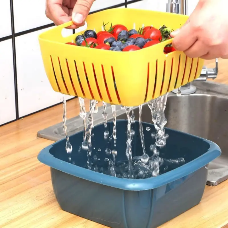 

Marginf Double Layer Drain Basket Bowl Rice Washing Kitchen Strainer Drainage Seal Lid Vegetables Fruit Colander