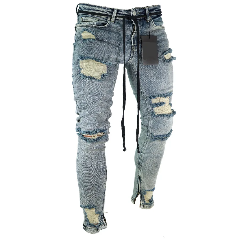 

Men's High Street New Jeans Ripped Zipper Motorcycle Trousers Trendy Denim Small Feet Pants