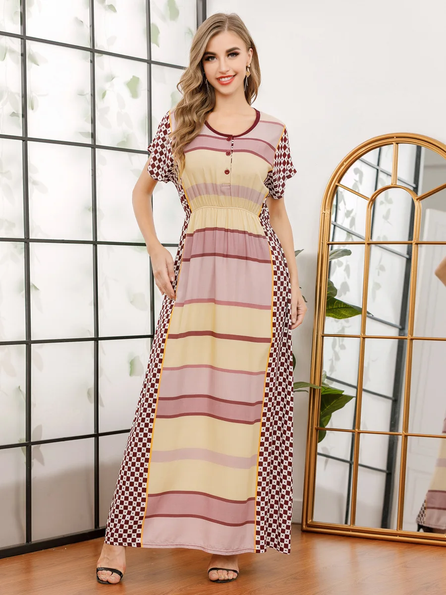 

New Summer Women Dress Muslim Elegant Print India Abayas Moroccan Kaftan Short Sleeve Turkey Islamic Clothing Vestidos Abayas