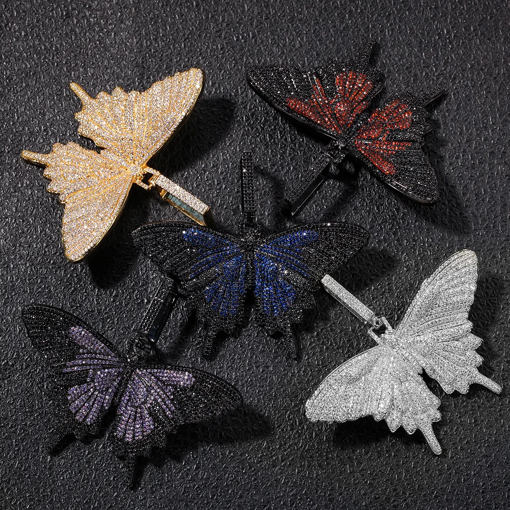 

Цепочка с кулоном в виде большой бабочки для мужчин, украшение в стиле хип-хоп розового, серебристого, синего, черного цветов, с кубическим ц...