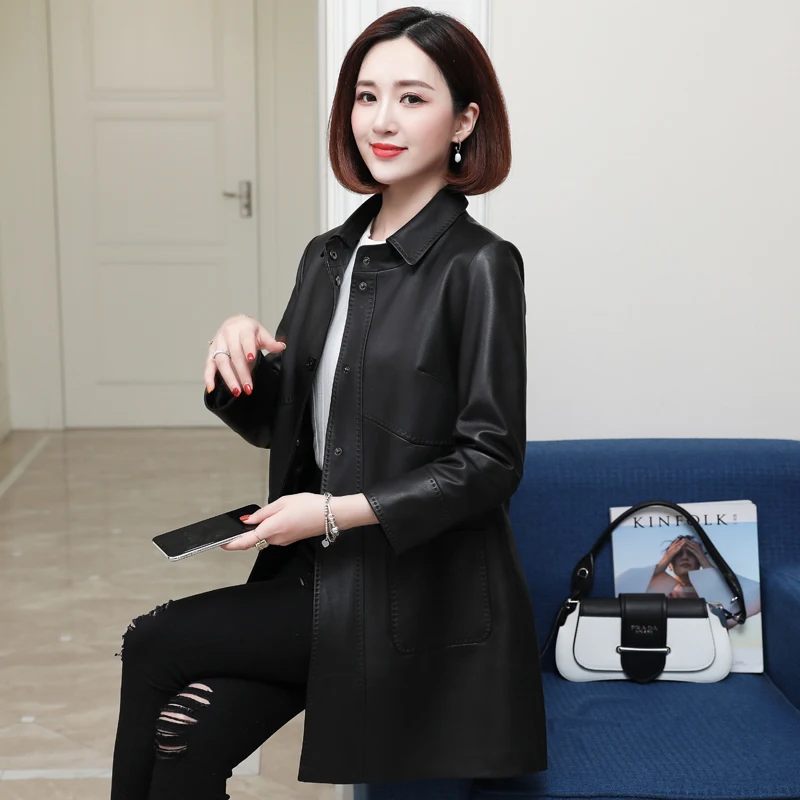 

JCHB 2021 mothers' Leather Coat Middle-aged Women's Mid-length sheepskin coat Spring and Autumn Korean genuine leather