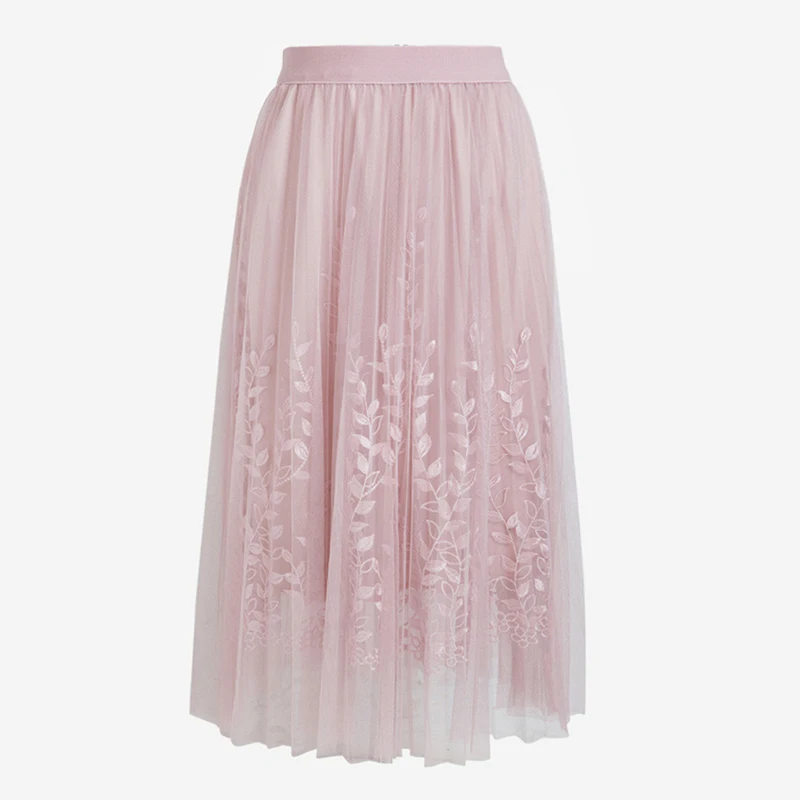

High Quality Elegant Tulle Long Pleated Skirt Women Summer Floral Embroidery A-line Tutu Lace Mesh Skirt Women Midi Skirt
