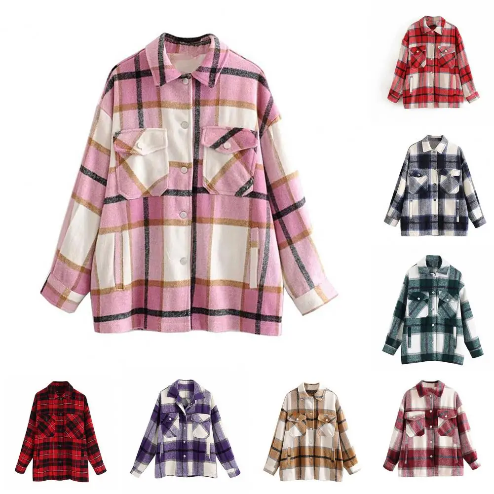 

Oversized Plaid Jacket Coat Women New Fall Winter Loose Shirts Vintage Women Lapel Long Sleeve Outerwear Chic Top