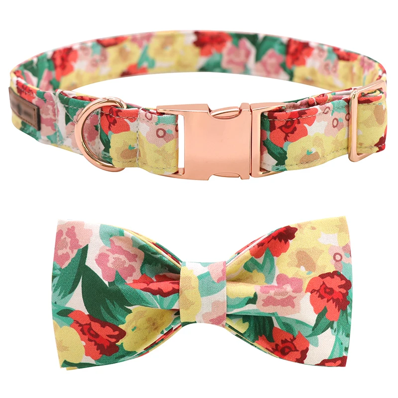 

Unique Style Paws Dog Collar Flower Cotton Fabric Dog Collar and Bow