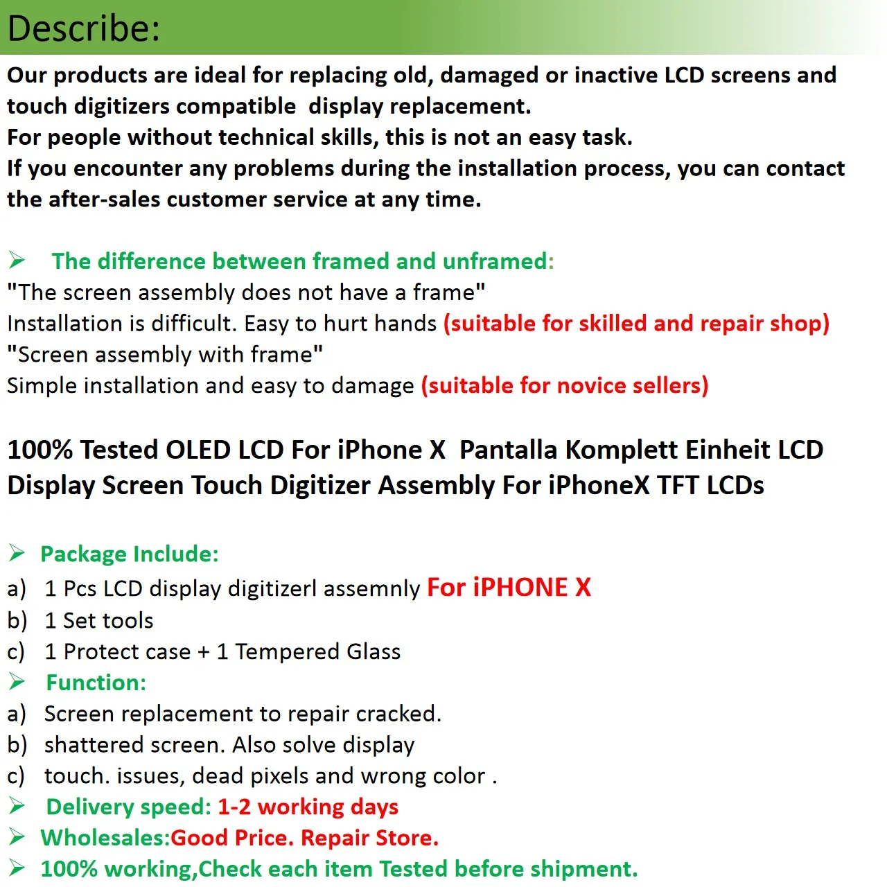 Протестированный OLED ЖК-дисплей для iPhone X Pantalla Komplett Einheit ЖК-дисплей сенсорный дигитайзер сборка для iPhone X TFT lcd s