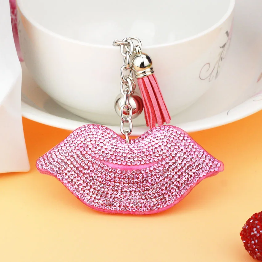 Хрустальный кожаный брелок для ключей в форме губ кулон кисточка подарок на день