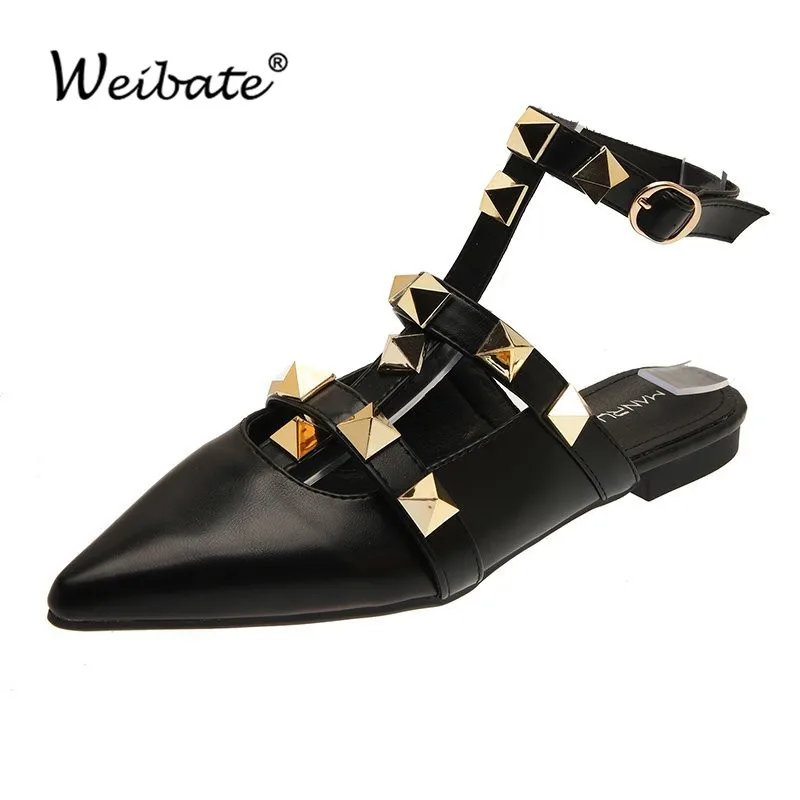 

WEIBATE 2021 New Summer Ankle Strap Women Flat Mule Shoes T-strap Pointed Toe Rivet Flat Sandals Woman Party Dress Shoes