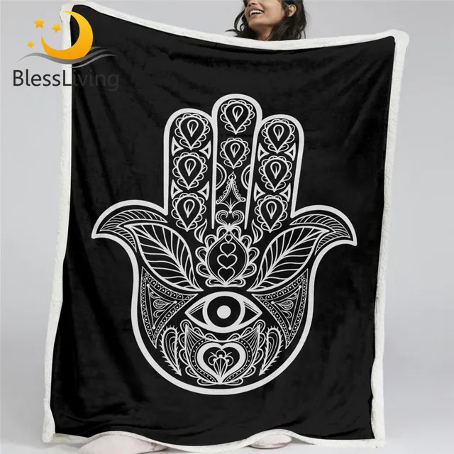 BlessLiving Zen Hand Fluffy Blanket Ornamental Tribal Throw Blanket Mandala Hamsa Bedding Black Boho Bedspreads 3pcs Drop Ship 1