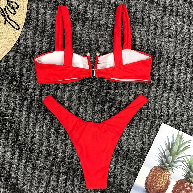 Соблазнительное бикини с V образным вырезом и жемчугом 2020 Женский плиссированный