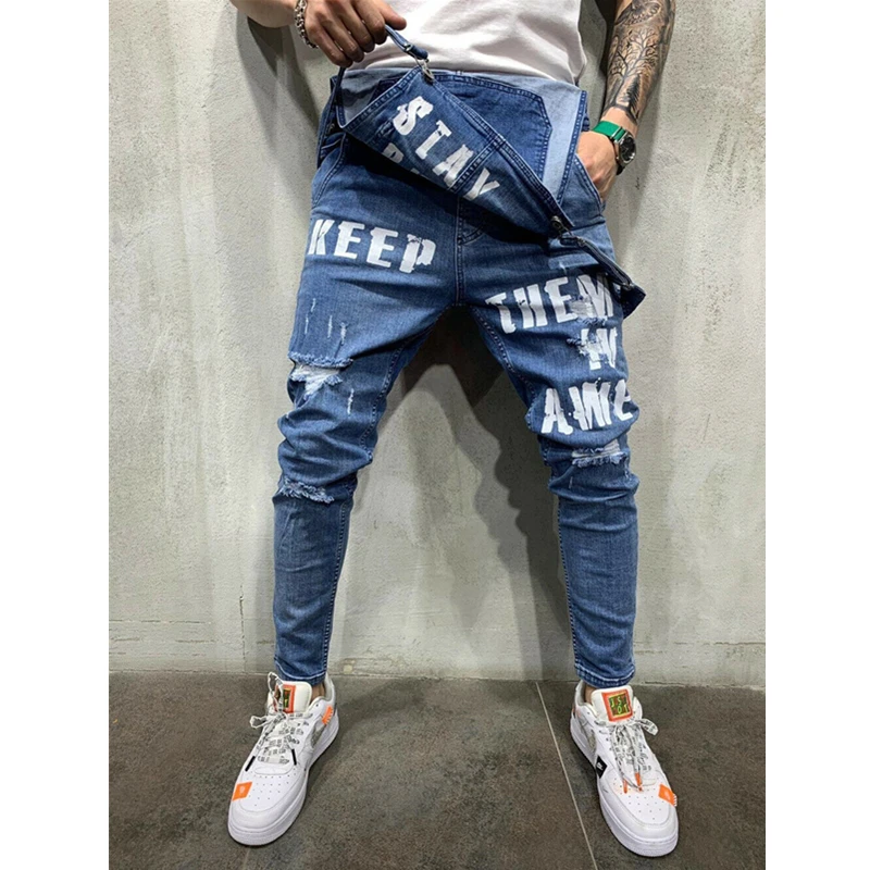 

New Men Ripped Jeans Jumpsuits Vintage Distressed Denim Bib Overalls Male Suspender Pants Long Trouser Autumn Playsuit Plus Size