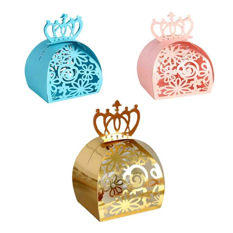 

10pcs Gold Crown Wedding Favor Box Gift Bags Rose Laser Cut Hollow Candy Dragee Baptism Box Chocolate Cardboard Box Paper Box