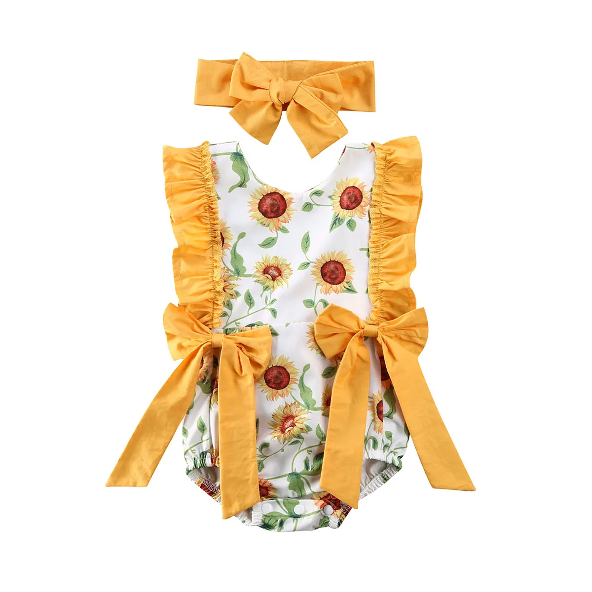 

Summer Newborn Baby Girl Flower Sunflower Bodysuit Jumpsuit Headband Outfit Set Clothes