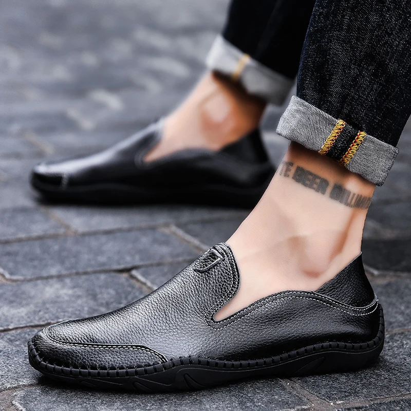 Italian genuine Leather Men Casual Shoes outdoor Luxury Brand Mens Loafers Moccasins Breathable Slip on Black Soft Flats | Обувь
