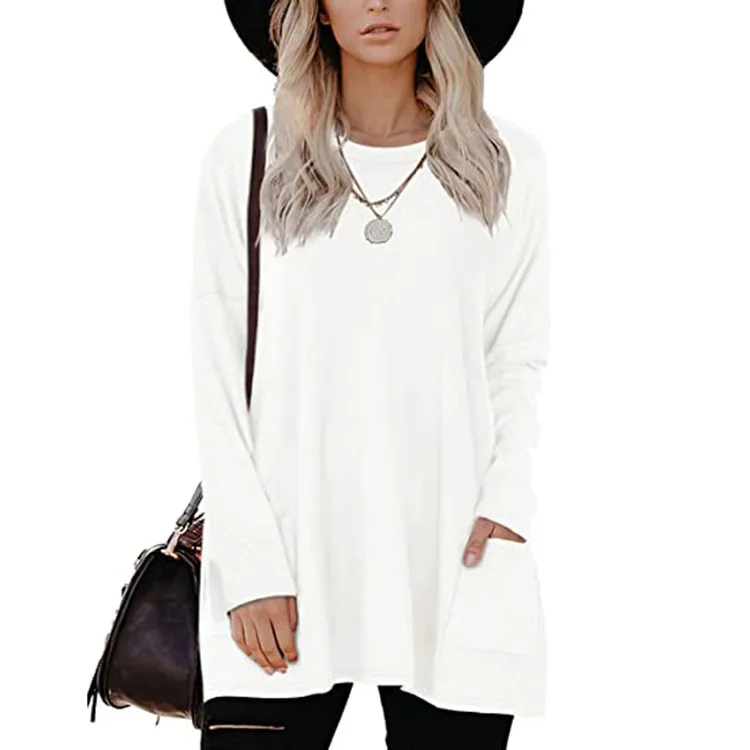 

Casual loose Long sleeve T-shirt Spring/Autumn Mid-length Pockets Solid tshirt women