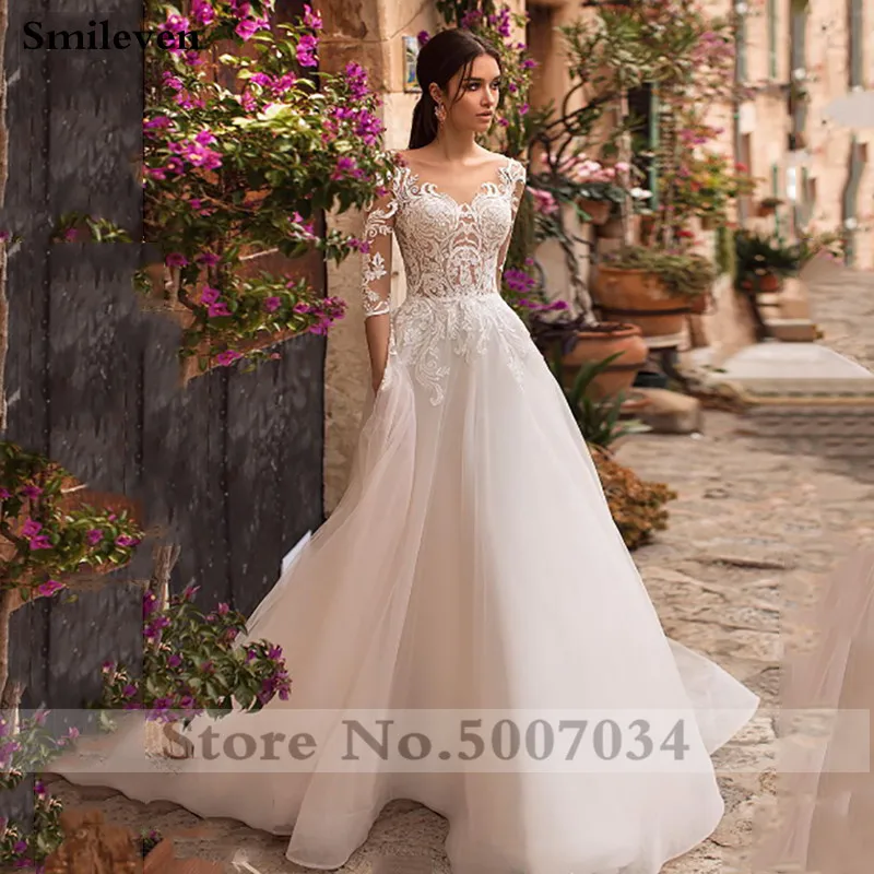 Smileven свадебное платье 3/4 с длинным рукавом Boho невесты платья для женщин линия белые кружева с аппликацией пышное свадебное платье из тюля
