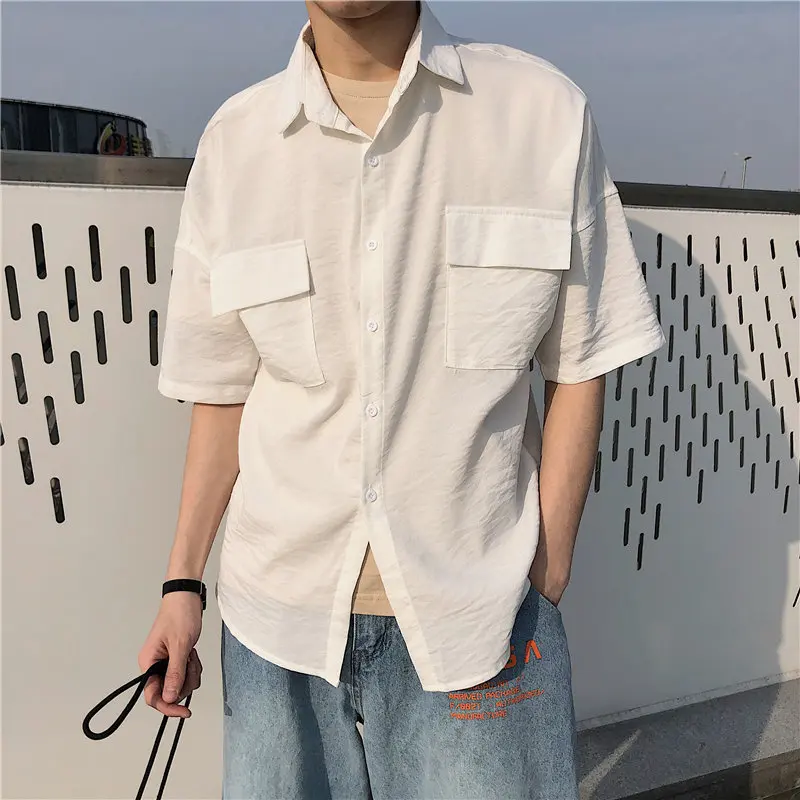 

Men Shirts Pockets Printed Short Sleeve Cargo Turn-down Collar Mens Shirt Korean Style Leisure Retro Chic Loose Harajuku Ulzzang