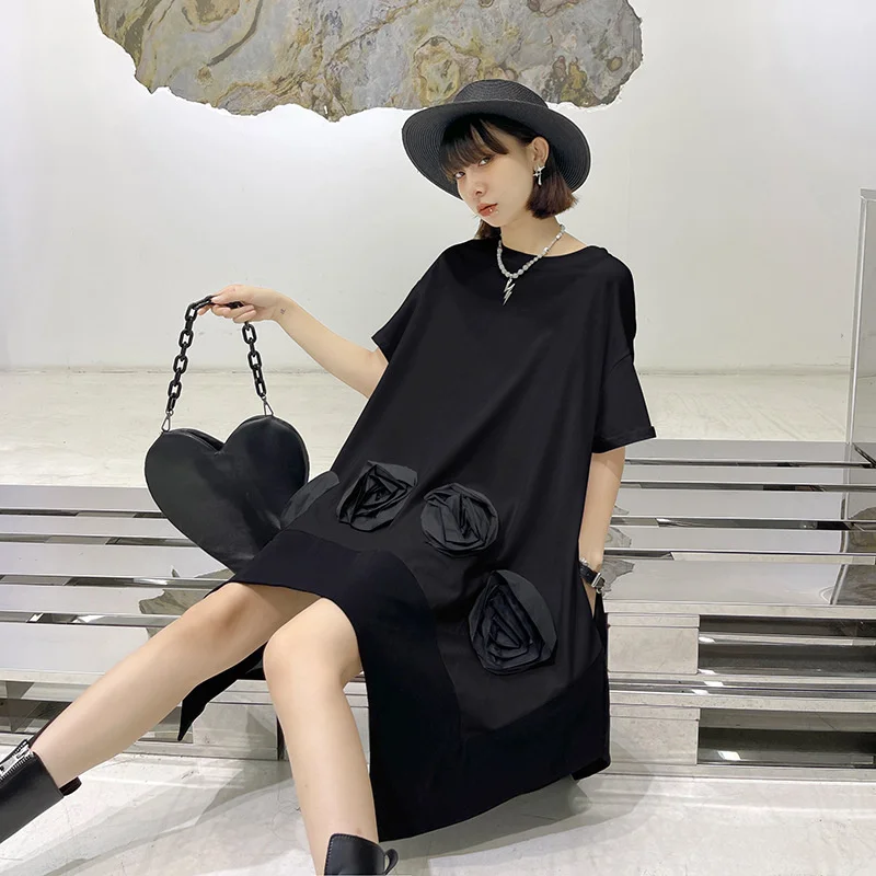 

QING MO 2021 Summer Fashion New Women T-shirt Loose Large Size Irregular T-shirt Dress Trend Stitching Female T-shirt ZWL297