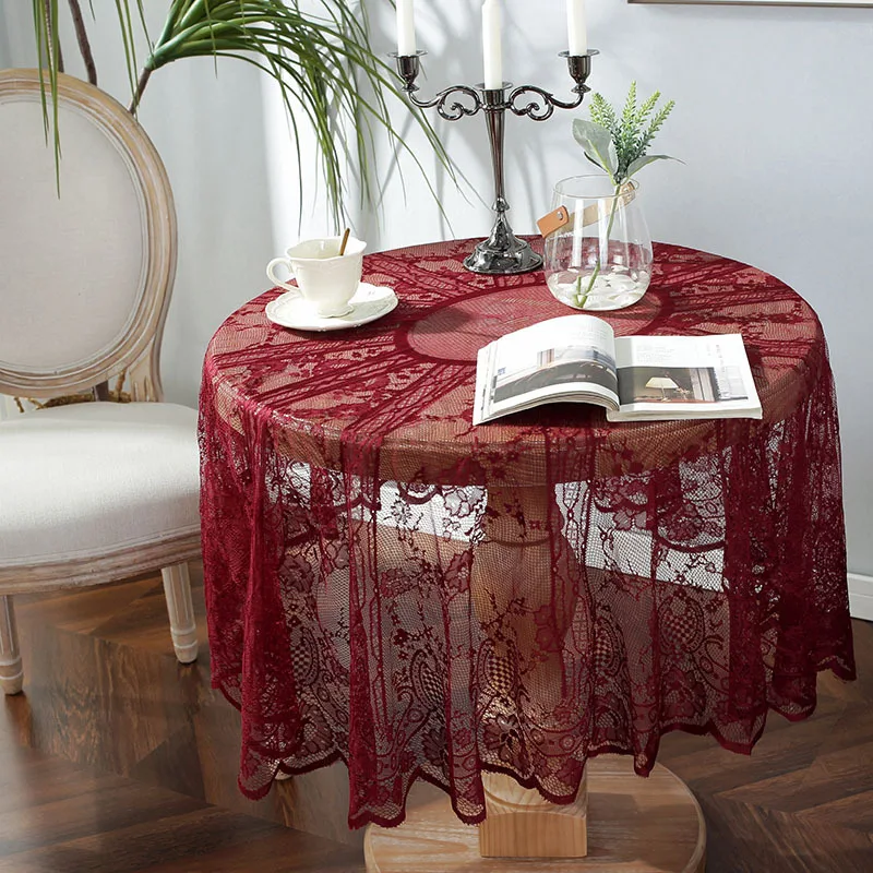 

American Retro Wine Red Lace Tablecloth Home Round Hollow Decorative Dining Table Top Cloth Cafe Coffee Table Cover Towel