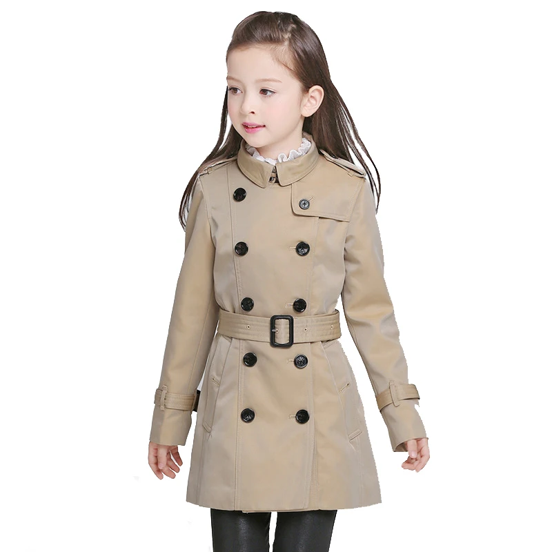 Girls Coat Brand Double Breasted Classic Khaki Outdoor Wear Kids Long with The Belt England Style High Quality