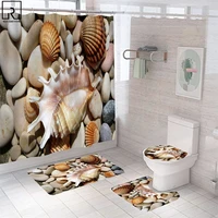 cobblestone shell 3d print shower curtain summer beach scenery bathtub screen toilet lid cover flannel bath mat set carpet home