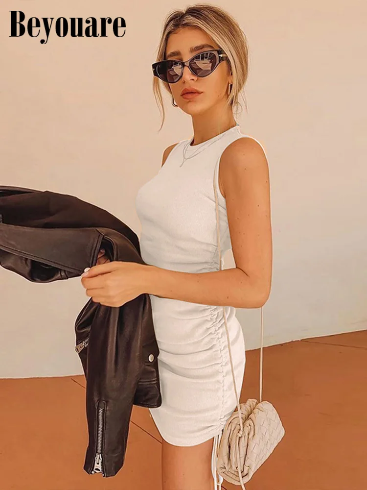 

Beyouare Casual Office Lady Elegant Mini Dresses Drawstring Ruched Sleeveless O Neck Slim Stretchy Knit Women Dress Autumn 2022