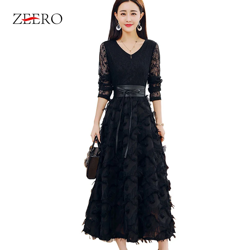 2020 весна взлетно посадочной полосы с длинным рукавом поясом кружевное платье