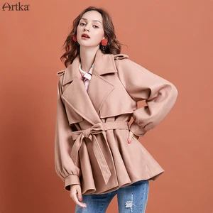 Женское шерстяное пальто ARTKA, винтажная верхняя одежда с рукавами-фонариками и отложным воротником, с поясом, FA10292D, зима 2019