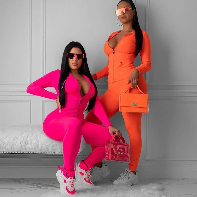 

Spring Two Piece Set Women Elastic Hight Fitness Casual Fluorescent Color Long-Sleeved Tracksuits Women's