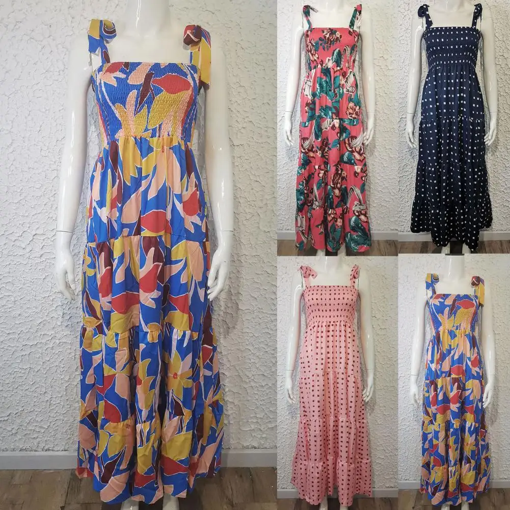 

Женское плиссированное платье средней длины, Пляжное Платье на бретельках без рукавов с глубоким квадратным вырезом и принтом, праздничная...