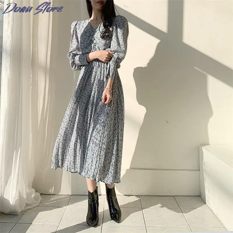 

Print Floral Pleated Slimming Women Dresses All-Match 2021 Hot Stylish V-Neck Brief Casual Loose Midi Dress 3 Colors