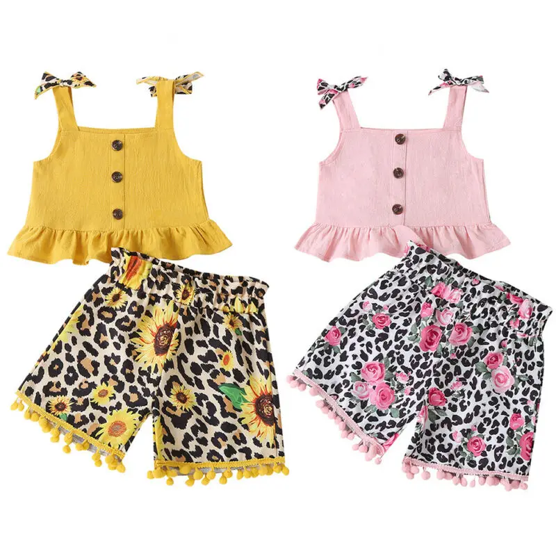 

Girl Sleeveless Set Summer Solid Color Bow-knot Sling Lace Flower Print Leopard Shorts Tassel Casual Fashion Two Piece