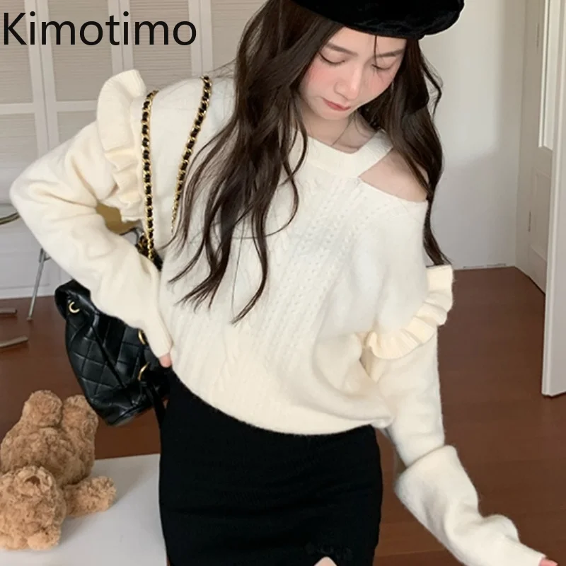 

Вязаный пуловер Kimotimo с открытыми плечами, корейский шикарный мягкий свитер с длинным рукавом, Осень-зима, универсальная одежда с длинным ру...