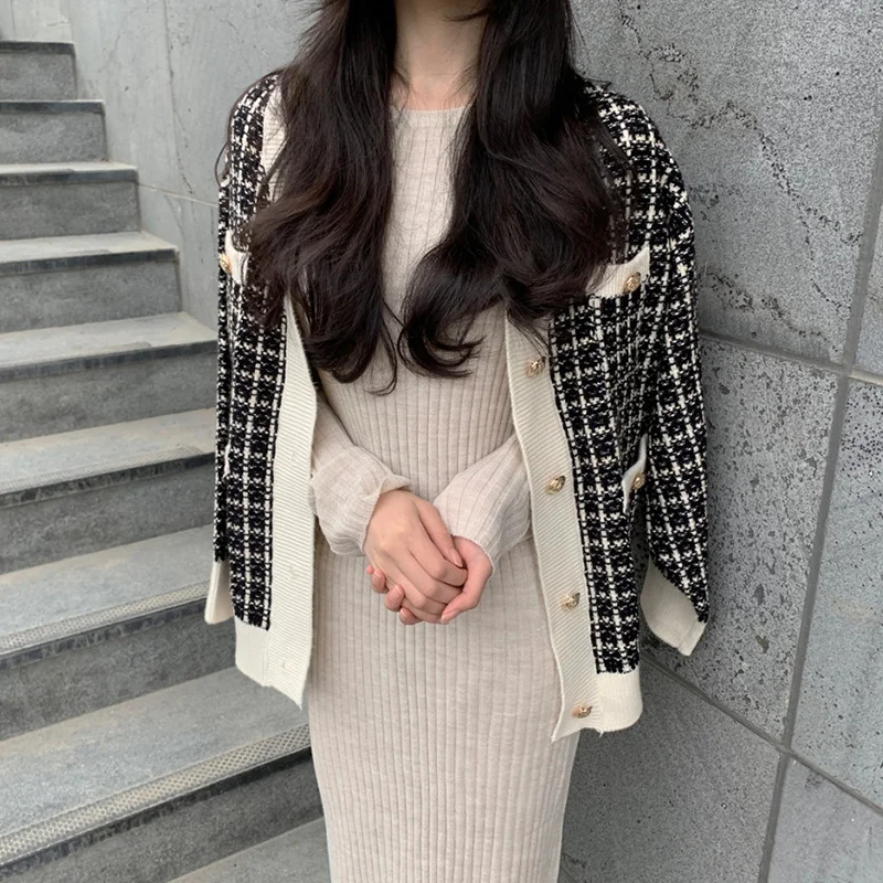 

2021 NEW Fashion Plaid Cardigan for Women Casual Loose Autumn Clothing Single Breasted Knitted Woolen Coats Female Sweater
