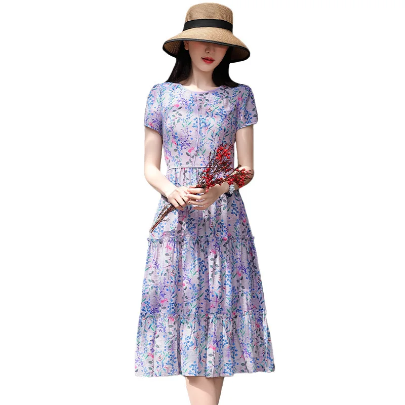 

Dress women's summer dress 2021 new style slim waist medium length French floral short sleeve art skirt