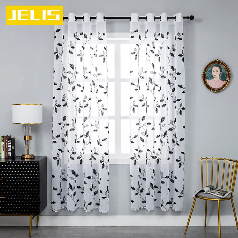 

American Pastoral Leaves Tulle Curtains for Living Room Bedroom Kitchen Solid Color Sheer Curtains Window Curtains Fabric Voile