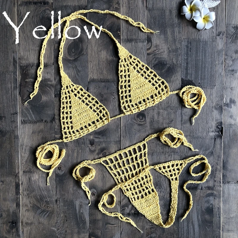 Yellow Ручная работа, вязанное крючком микро бикини, стринги, пляжные микро купальники, сексуальное нижнее белье, наборы, горячая Распродажа - Цвет: Yellow