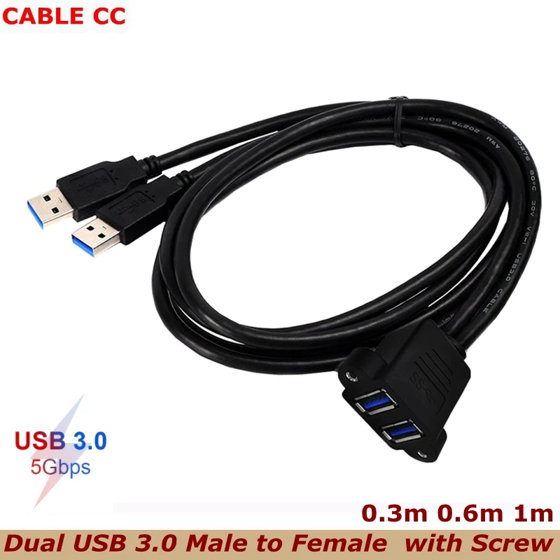 

30cm Dual USB 3.0 Male to Female With Screw Panel Mount Holes Extension Cable High Speed 5Gbps for Computer Case Motherboard