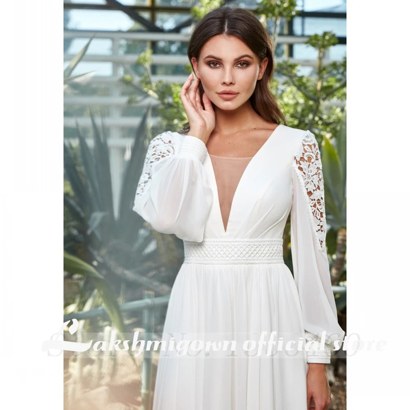 

Elegant Sweep Train Wedding Dresses Long Puffy Sleeve V Neck A Line Bridal Gown Floor Length Appliques Robe Mariage
